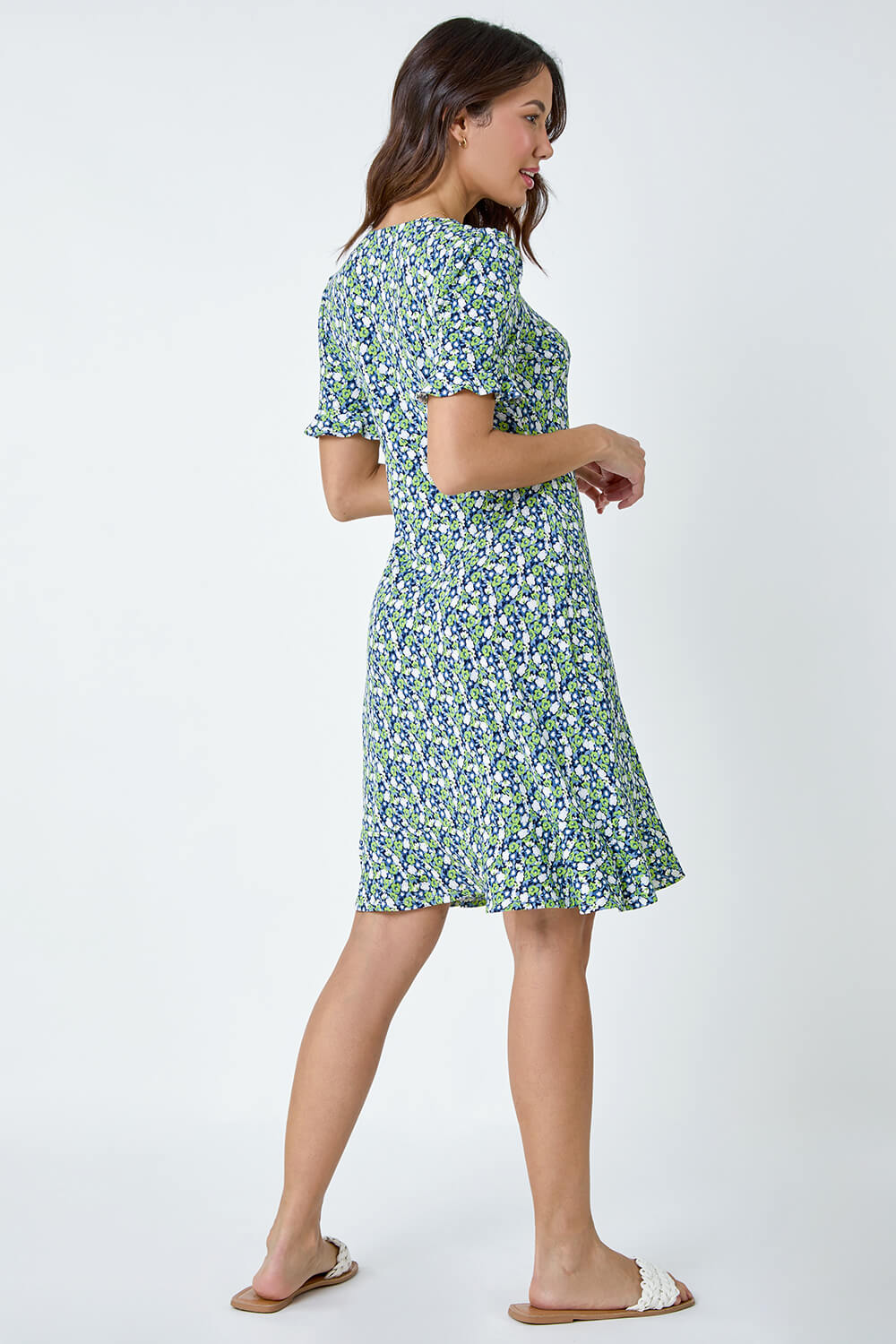 Green Ditsy Floral Side Button Dress, Image 3 of 5