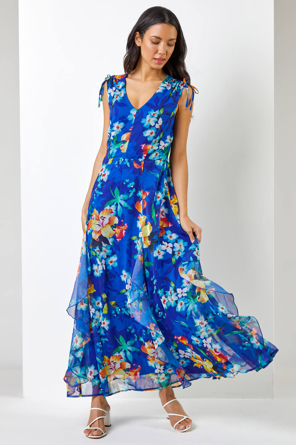 Floral Print Frill Detail Maxi Dress in Blue - Roman Originals UK