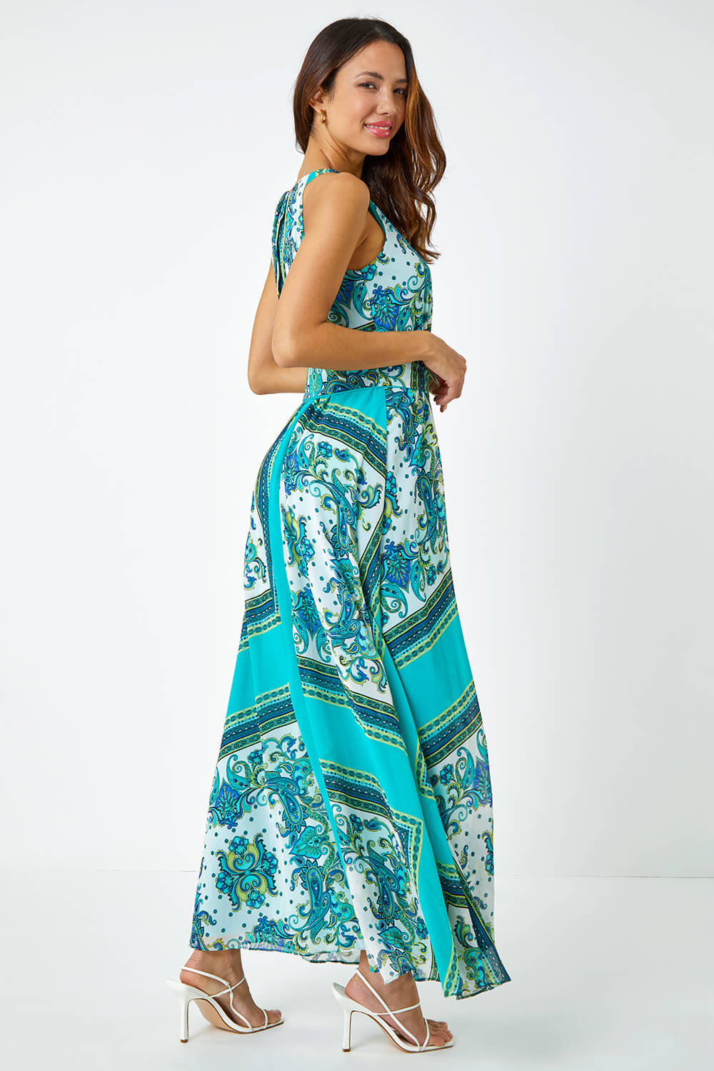 Turquoise Scarf Print Halter Neck Maxi Dress, Image 4 of 5