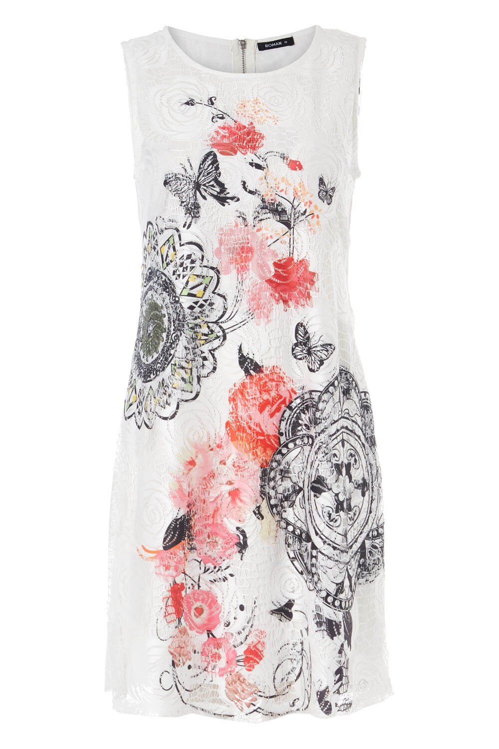 Ivory  Mixed Floral Butterfly Print Lace Shift Dress, Image 5 of 5