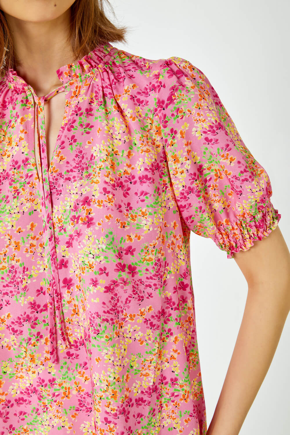 PINK Ditsy Floral Ruffle Neck Blouse, Image 5 of 5