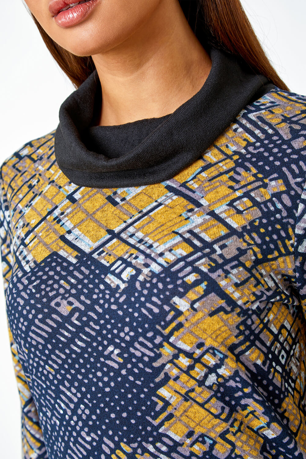 Ochre Abstract Print Cowl Neck Stretch Top, Image 5 of 5