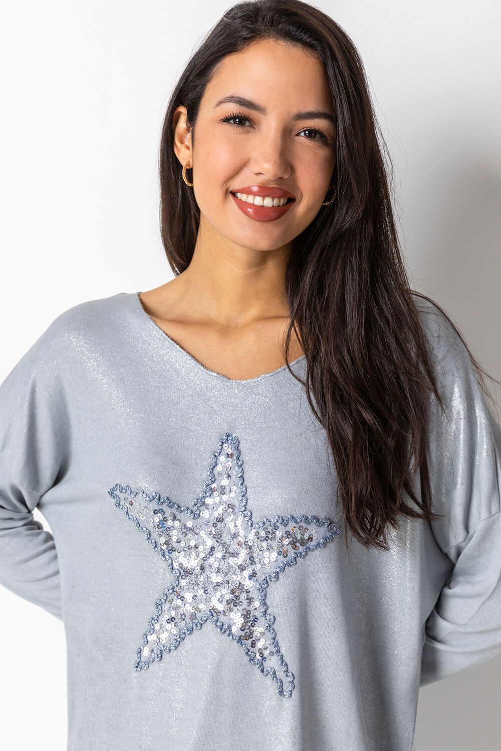 Silver Sequin Star Embellished Sweat Top, Image 4 of 4