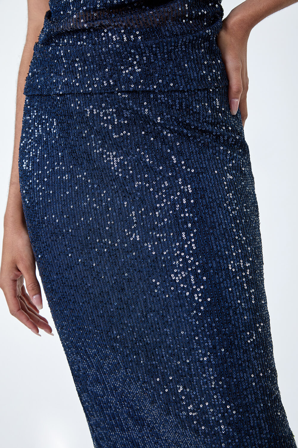 Navy  Sequin Sparkle Stretch Midi Skirt, Image 5 of 5