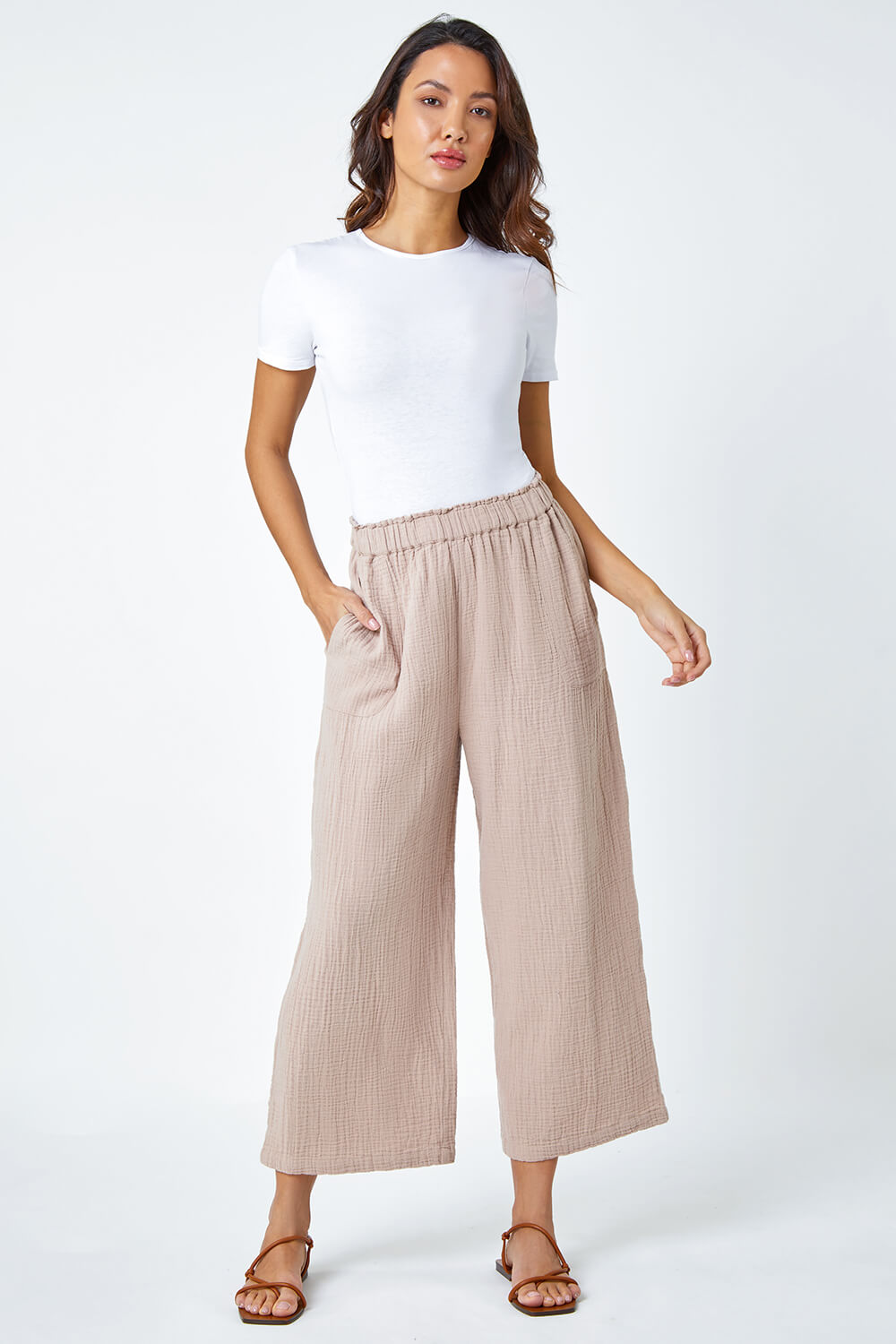 Natural  Textured Cotton Culotte Trousers, Image 2 of 5
