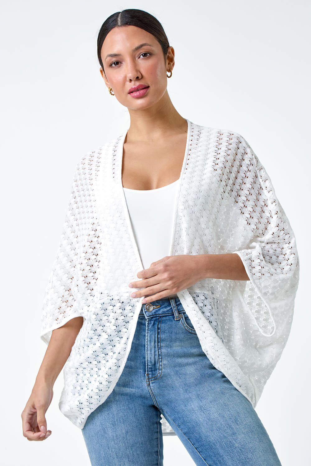 White Textured Knit Cardigan Cover Up, Image 2 of 5