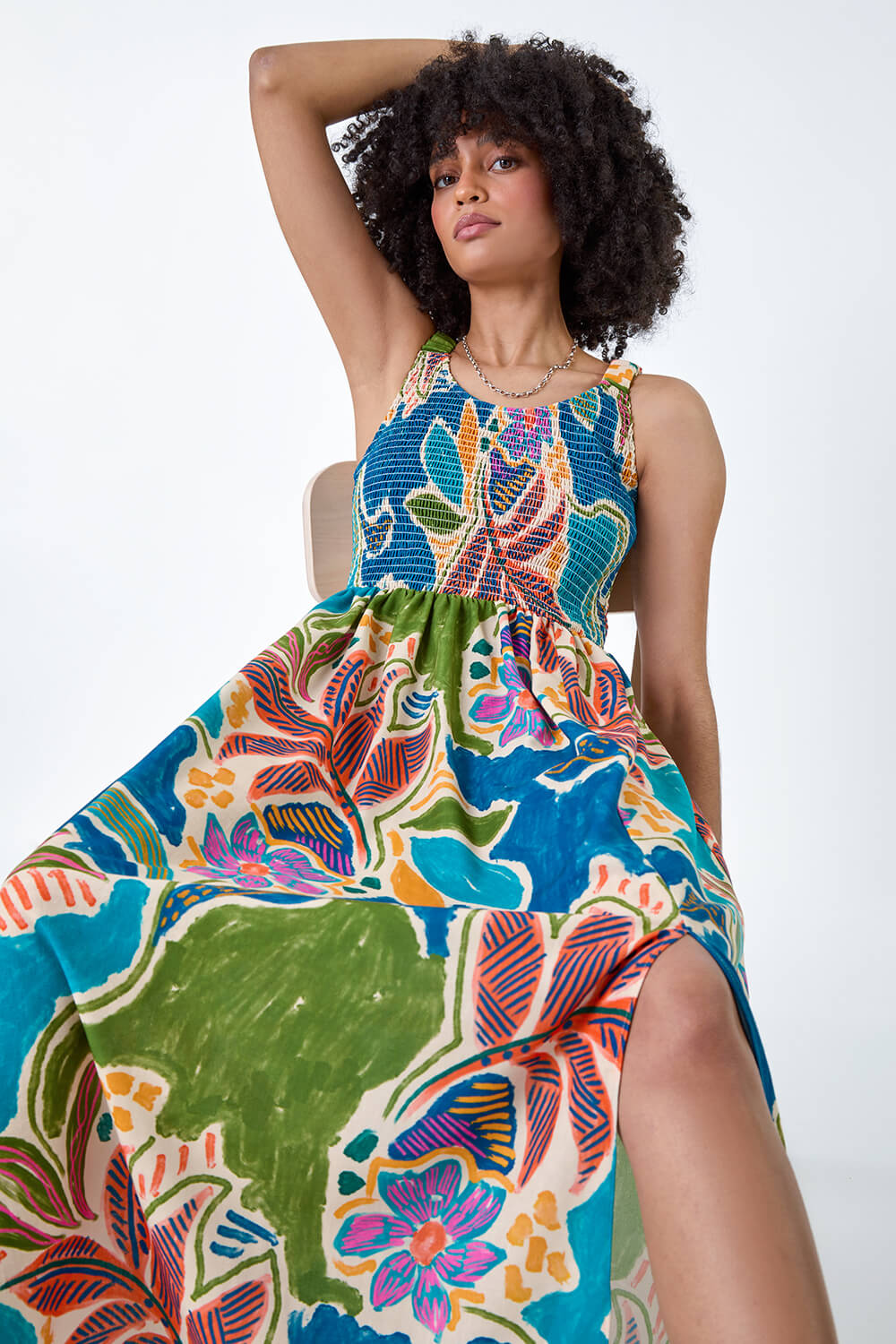 Tropical Leaf Shirred Bodice Midi Dress