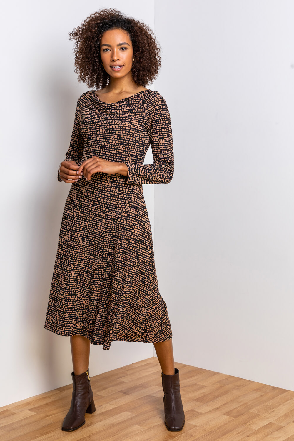 Camel  Abstract Spot Print Cowl Neck Dress, Image 3 of 4