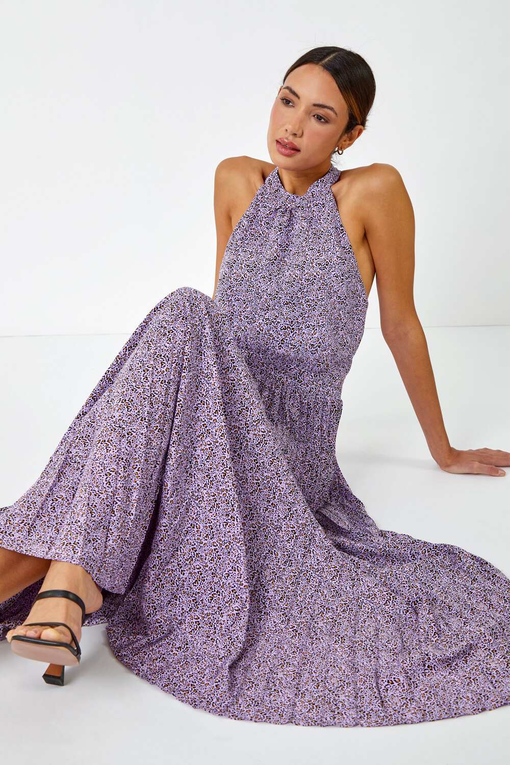 Lilac Animal Print Halter Neck Maxi Dress