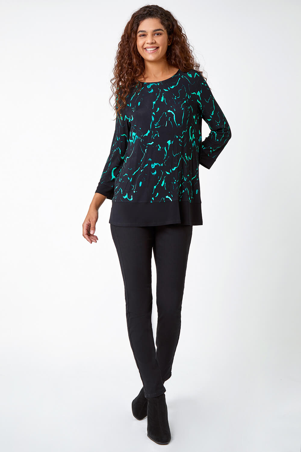 Green Marble Print Contrast Hem Stretch Top, Image 2 of 5