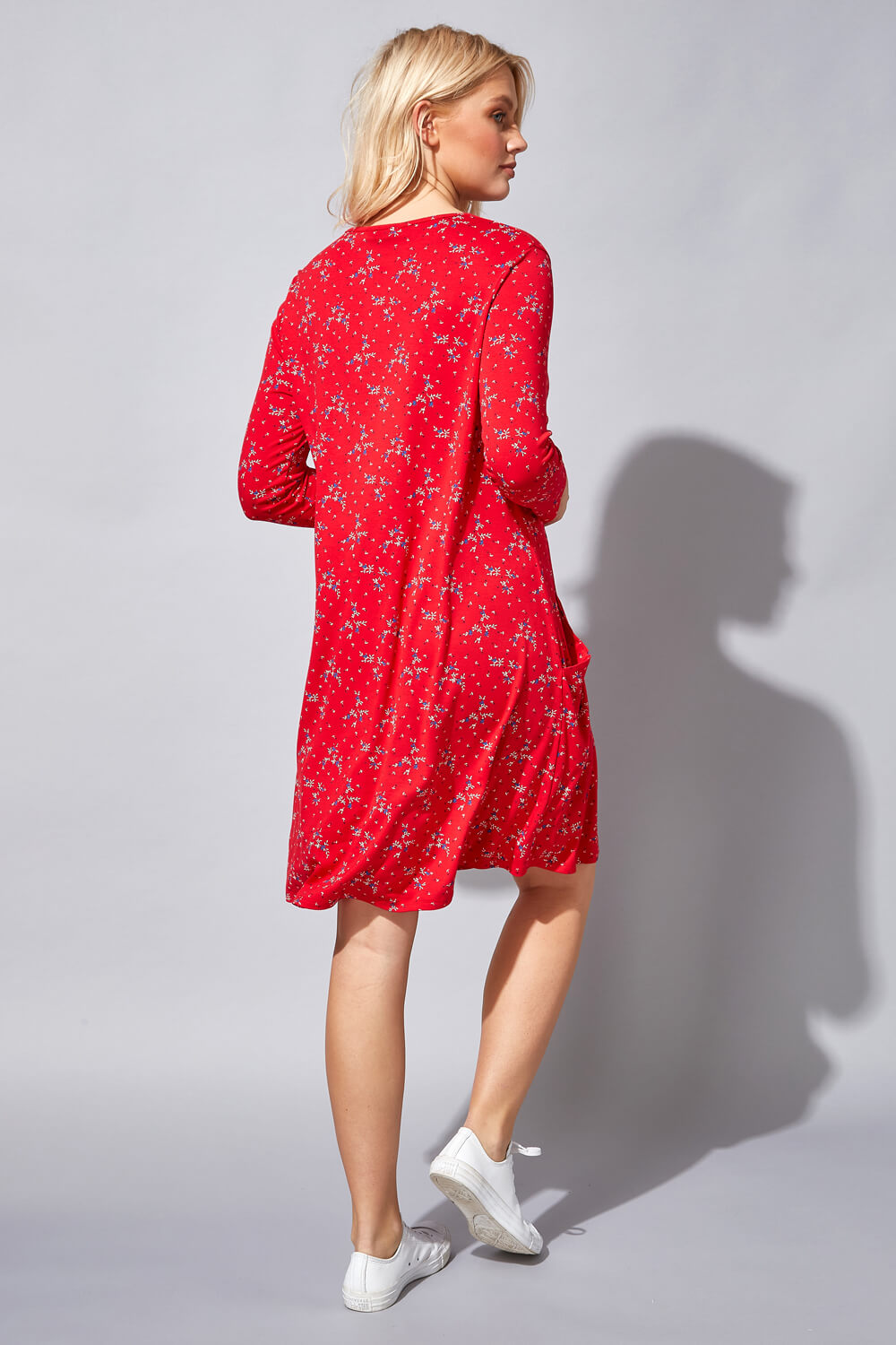 Red Floral Pocket Swing Dress, Image 3 of 4