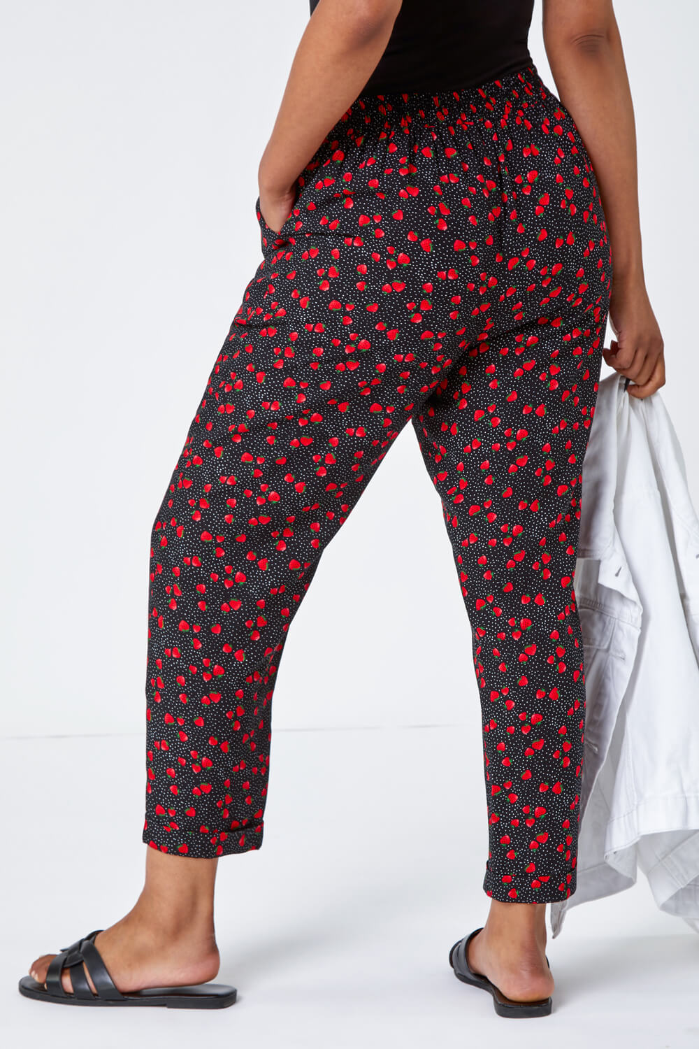 Black Petite Strawberry Tapered Stretch Trousers | Roman UK