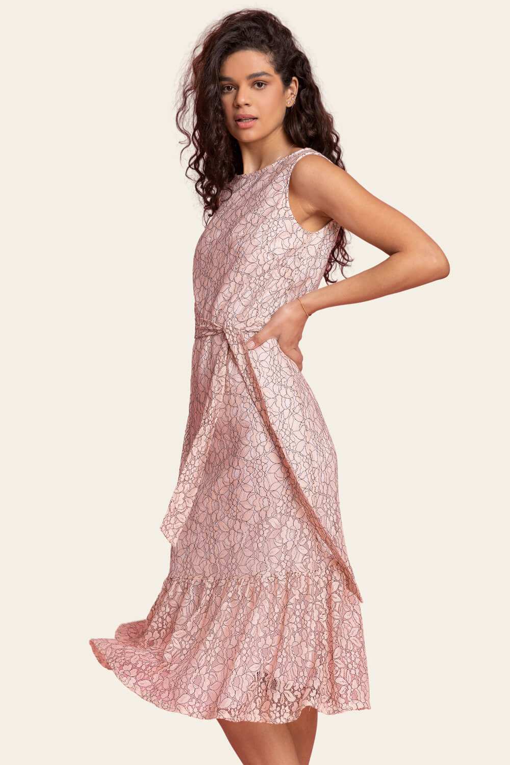 Light Pink Belted Lace Detail Tiered Midi Dress, Image 4 of 4
