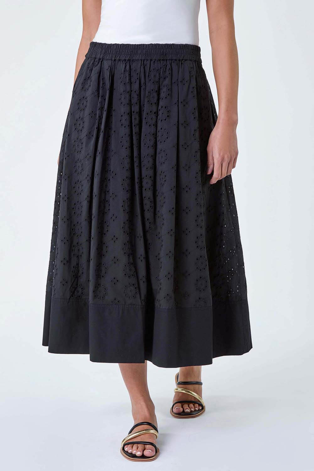 Black Petite Cotton Broderie Midi Skirt, Image 4 of 5