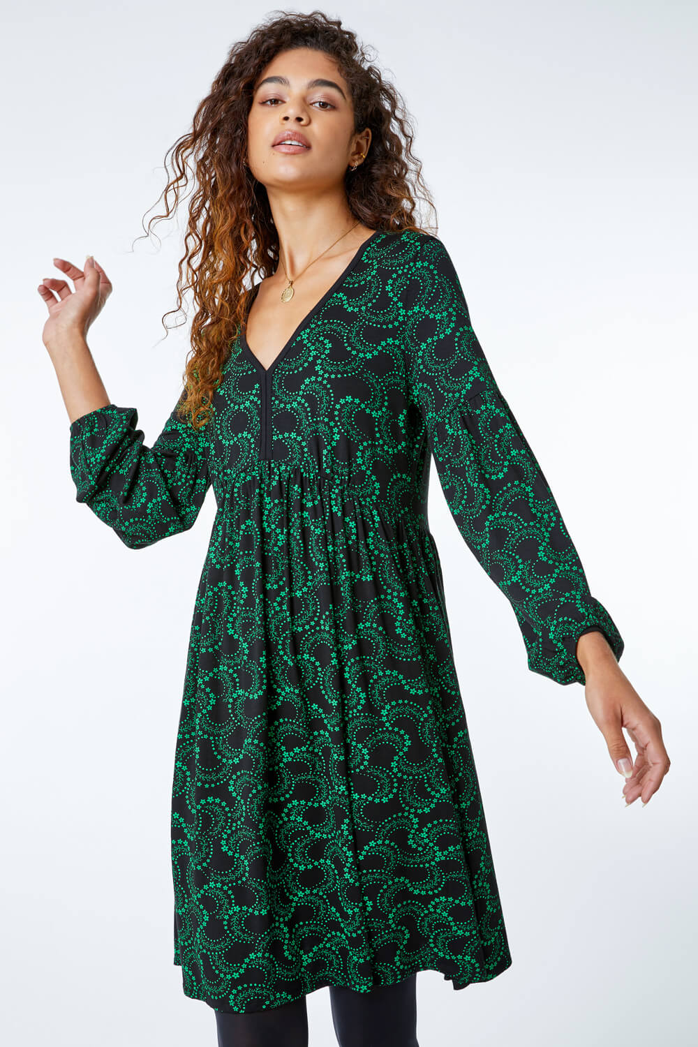 Green Abstract Spiral Print Dress, Image 2 of 5