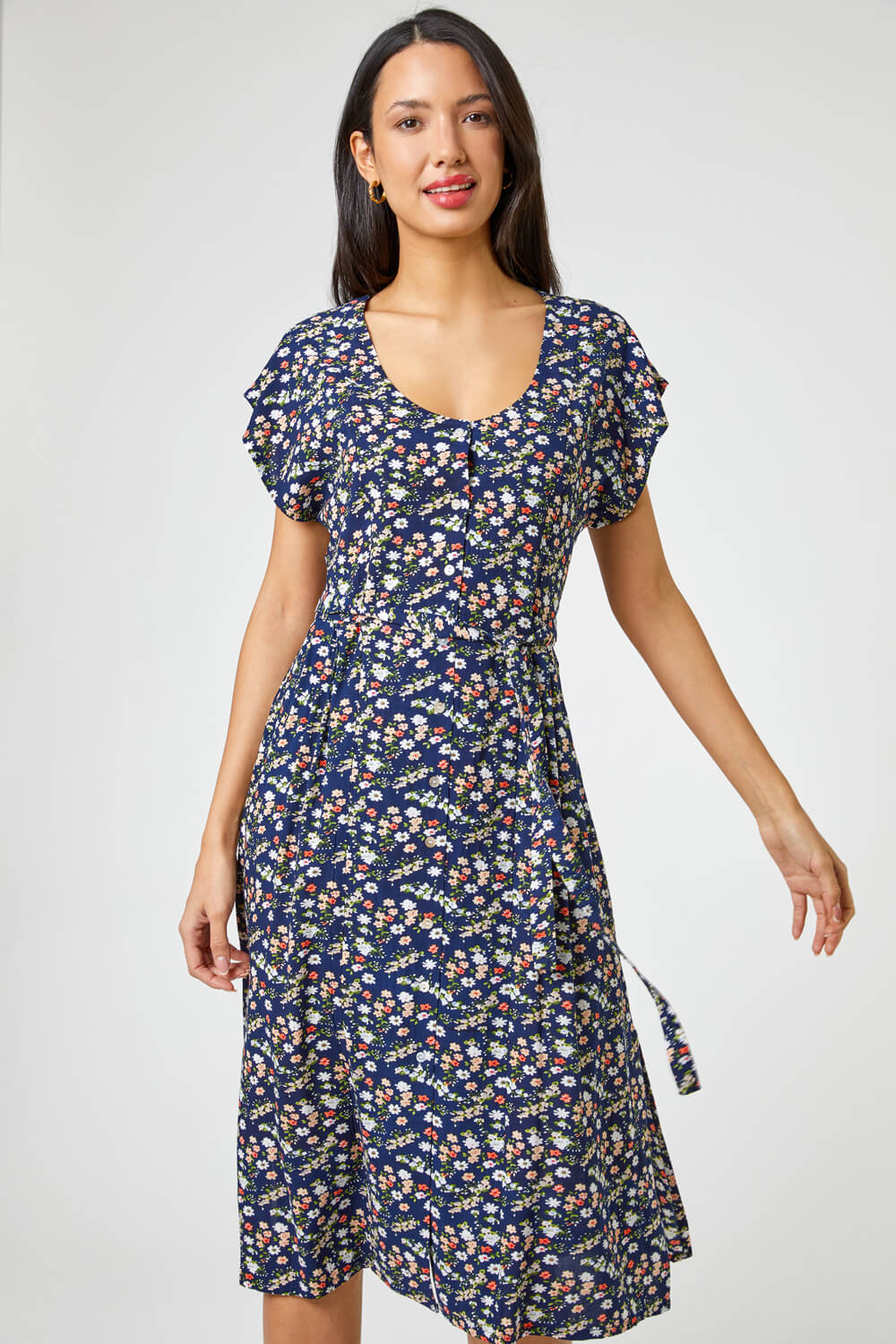 Navy  Floral Print Button Belted Midi Dress, Image 5 of 5