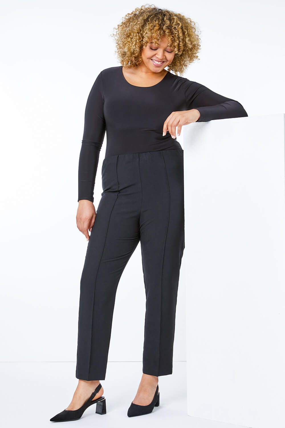 Black Curve Stitch Detail Stretch Trouser, Image 3 of 5