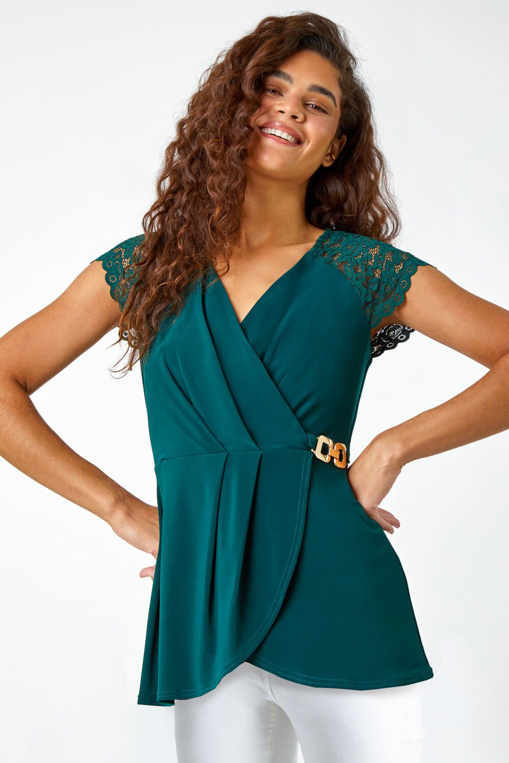 Forest  Lace Trim Stretch Wrap Top, Image 1 of 5