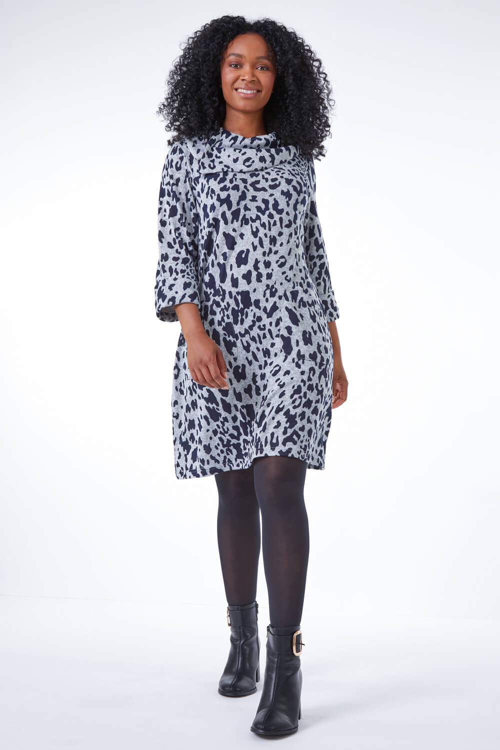 Light Grey Petite Split Neck Leopard Print Mini Dress, Image 2 of 5