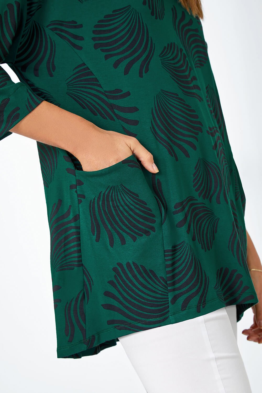 Green Abstract Print Pocket Tunic Stretch Top, Image 5 of 5