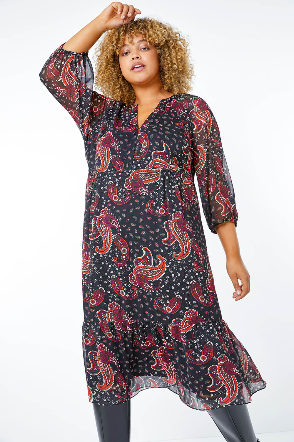 Black Curve Paisley Tiered Dress, Image 3 of 5