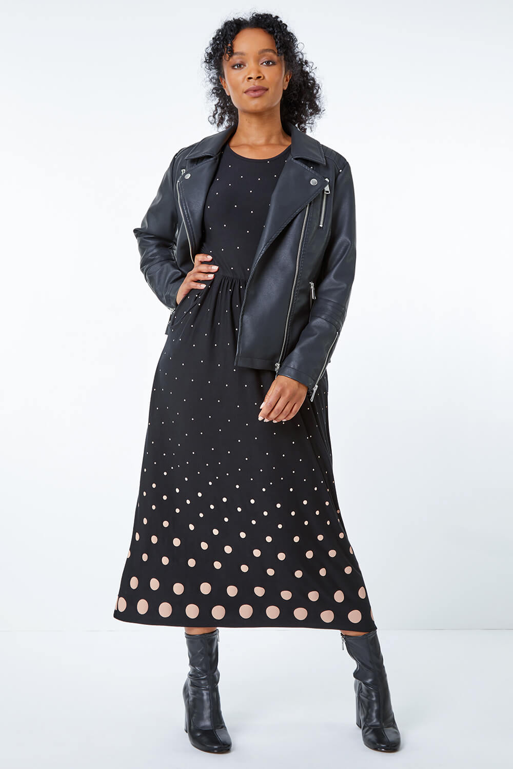 Black Petite Spot Stretch Midi Dress, Image 2 of 5