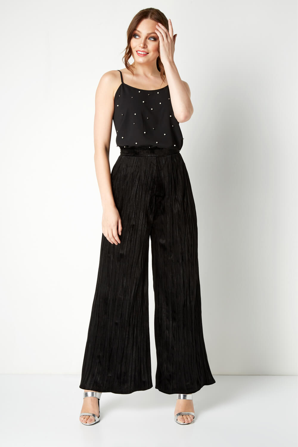 Black Crushed Velour Palazzo Trousers, Image 3 of 4