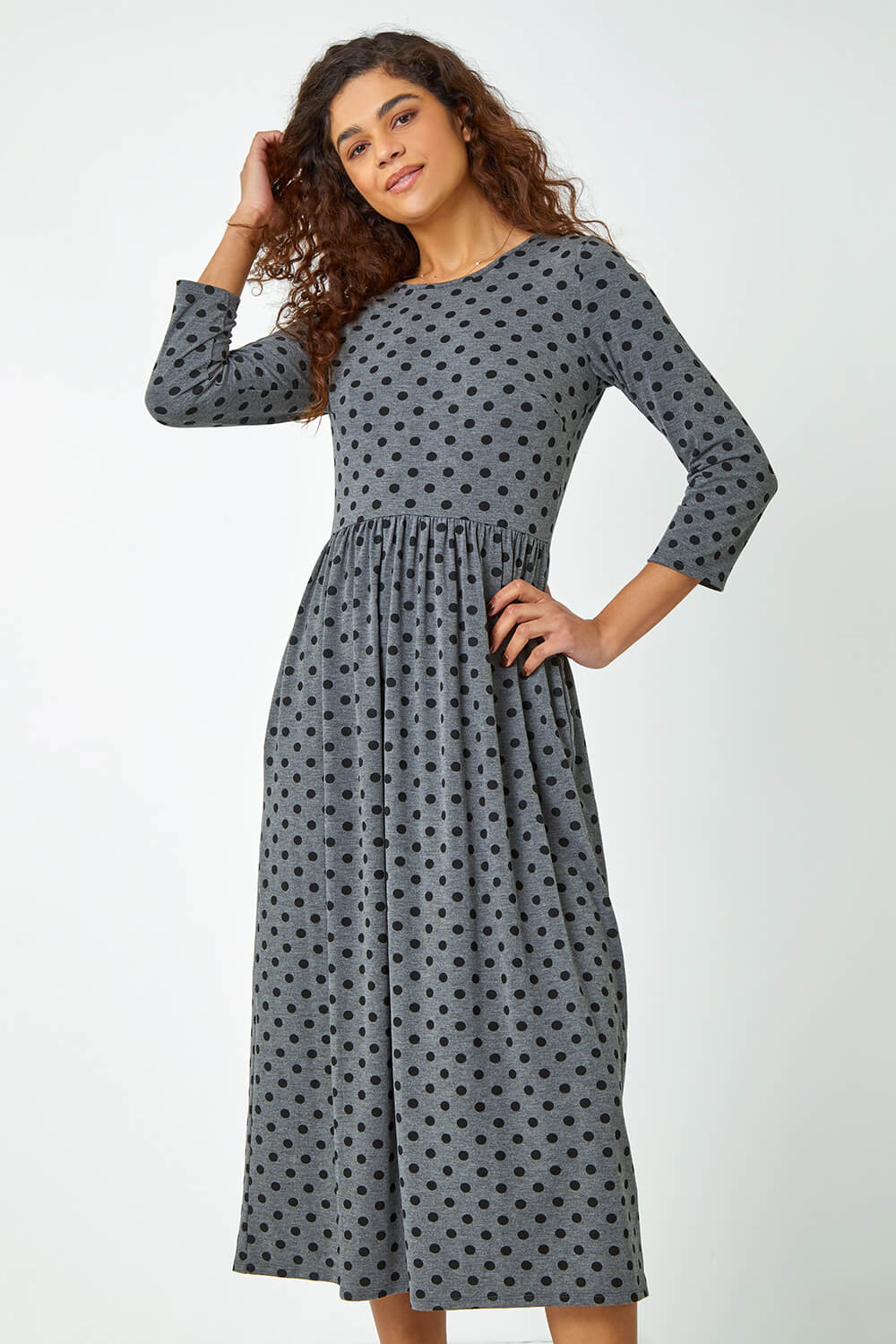 Grey Polka Dot Print Midi Stretch Dress, Image 2 of 5