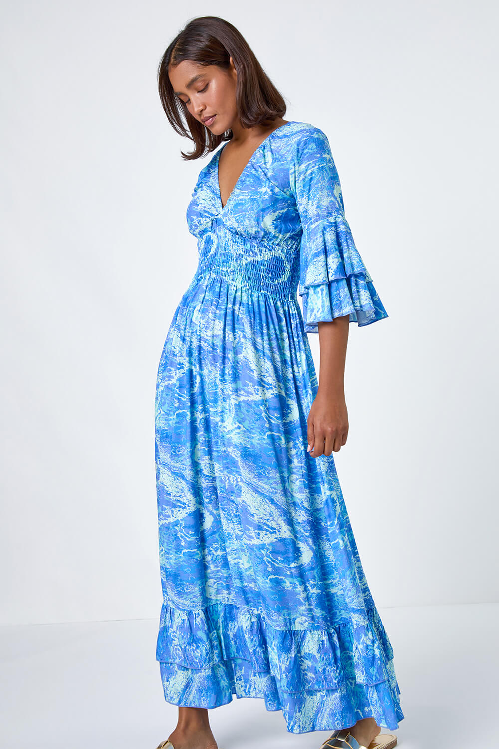 Blue Abstract Ruffle Detail Shirred Maxi Dress, Image 2 of 5