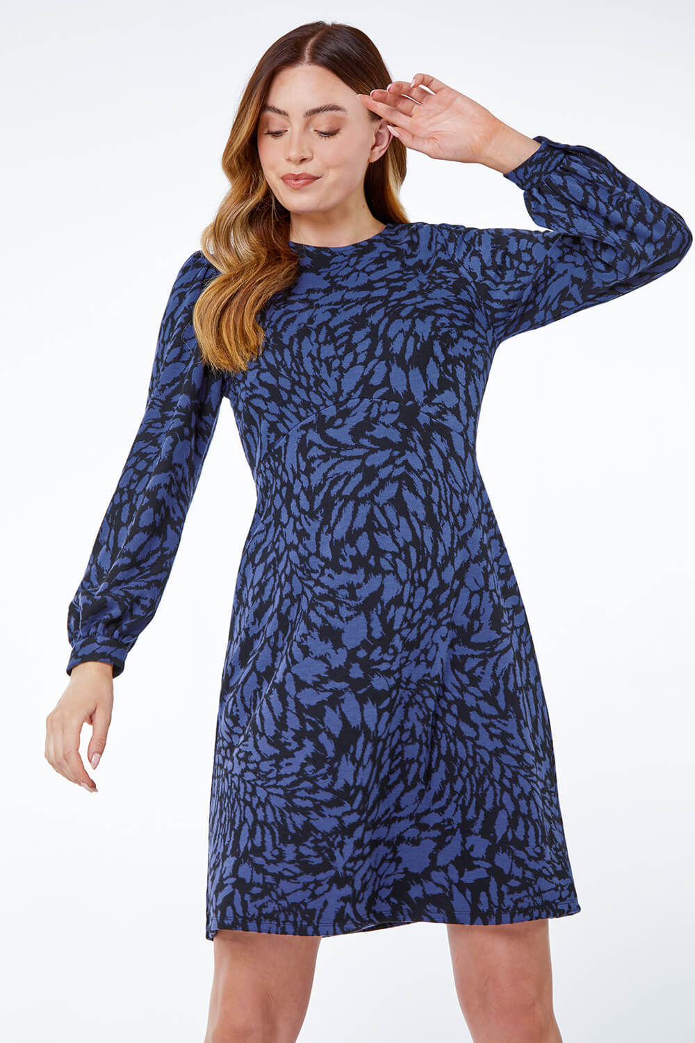Midnight Blue Animal Print Jacquard Dress, Image 4 of 5