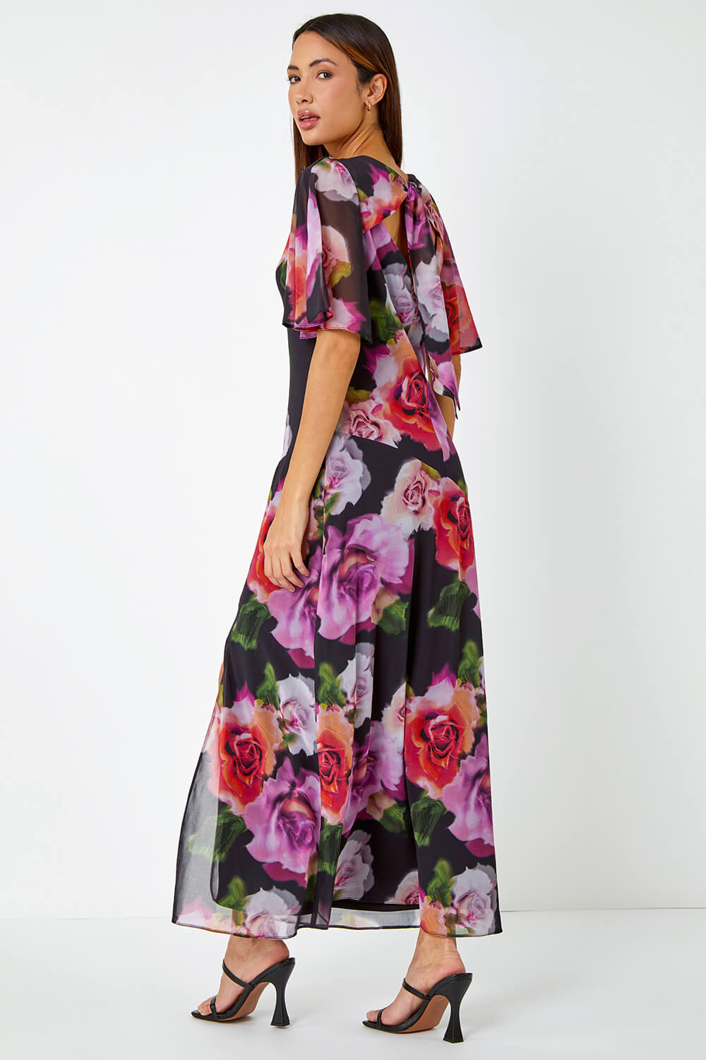 Floral Print Tie Back Maxi Dress in Black - Roman Originals UK