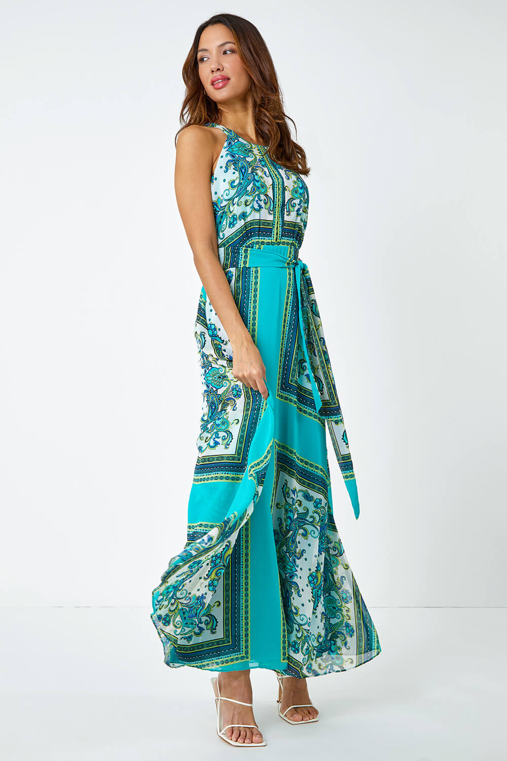 Turquoise Scarf Print Halter Neck Maxi Dress, Image 3 of 5