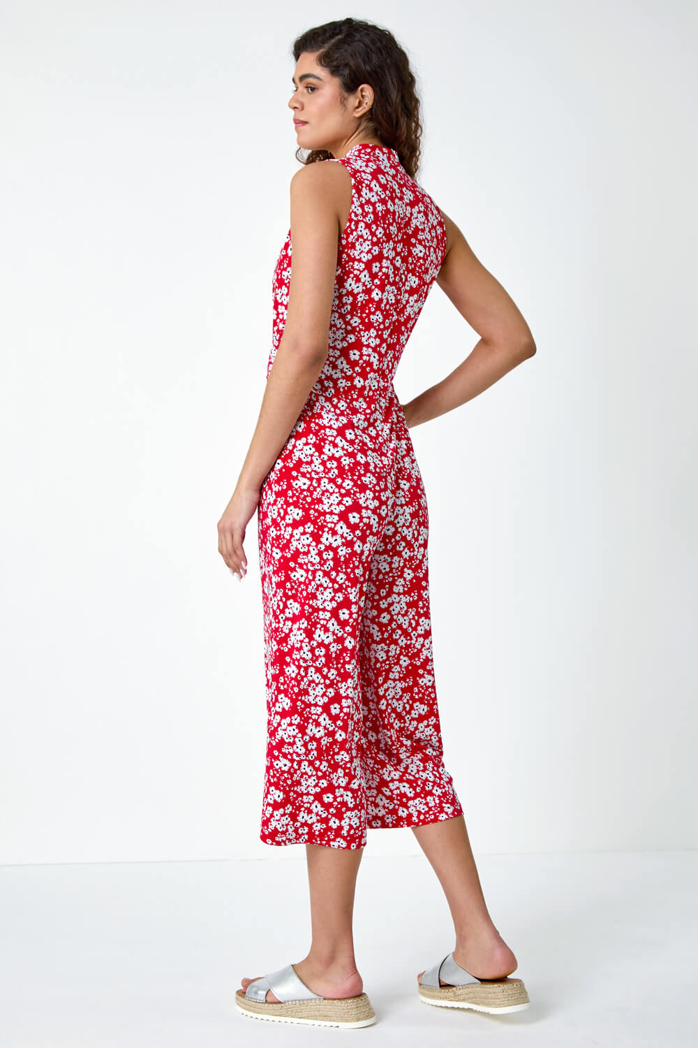 Red Ditsy Floral Wide Leg Stretch Jumpsuit, Image 3 of 5