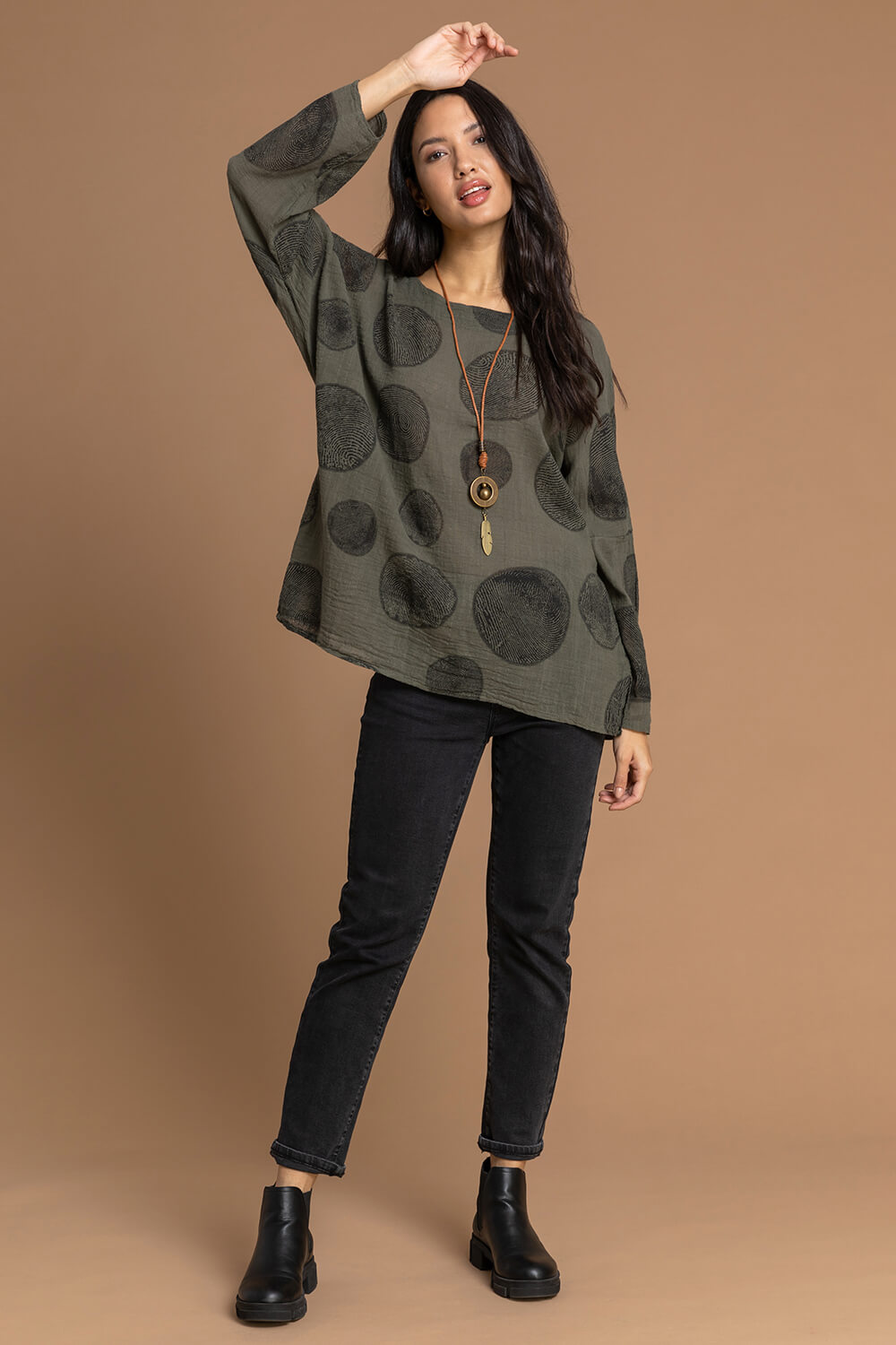 KHAKI Spot Print Top With Necklace, Image 3 of 4