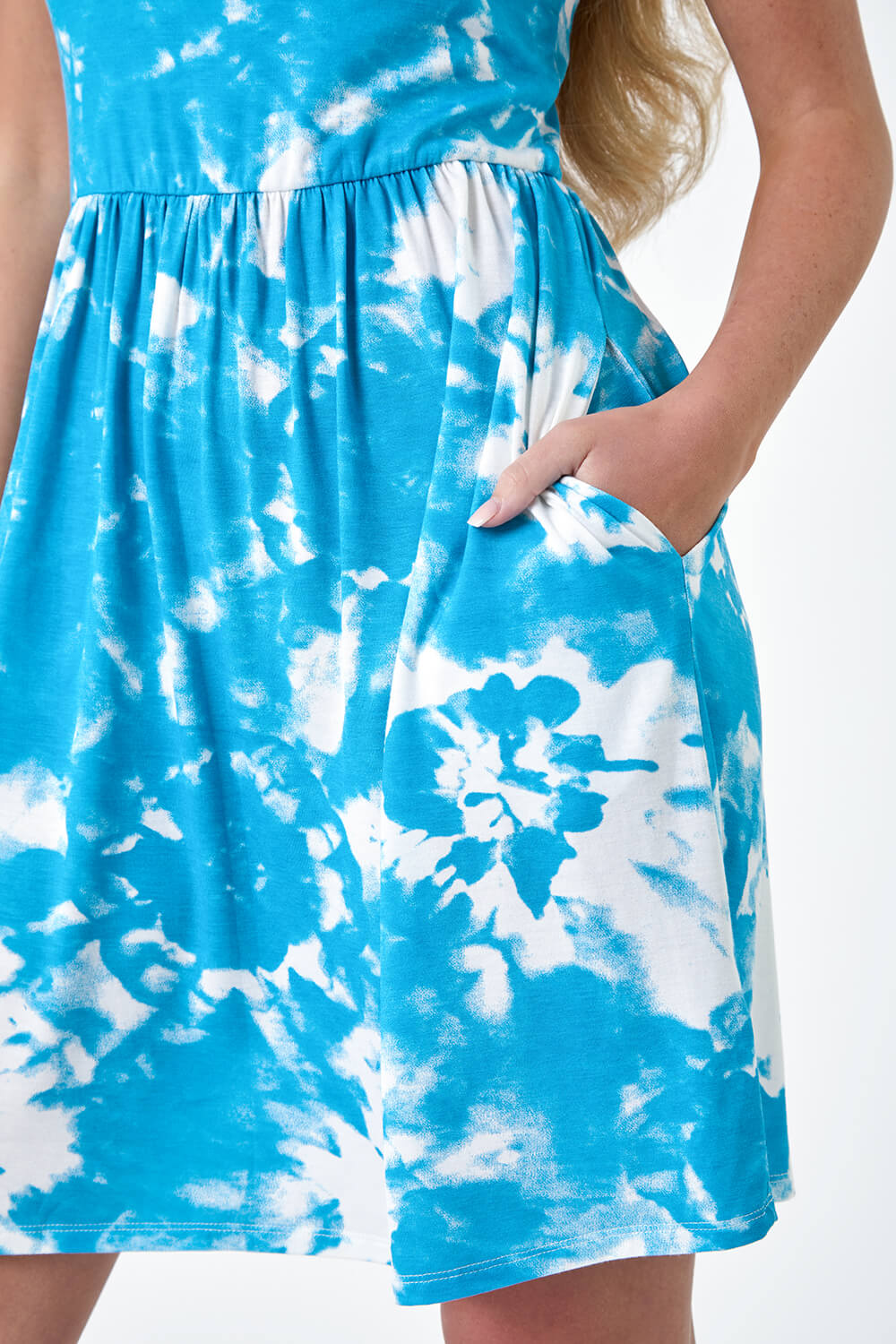 Turquoise Petite Tie Dye Strappy Stretch Pocket Dress, Image 5 of 5