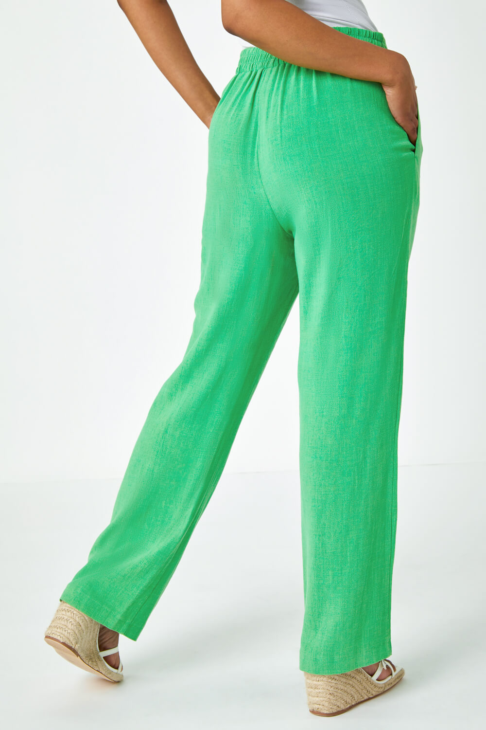 Green Petite Wide Leg Linen Trouser, Image 3 of 5