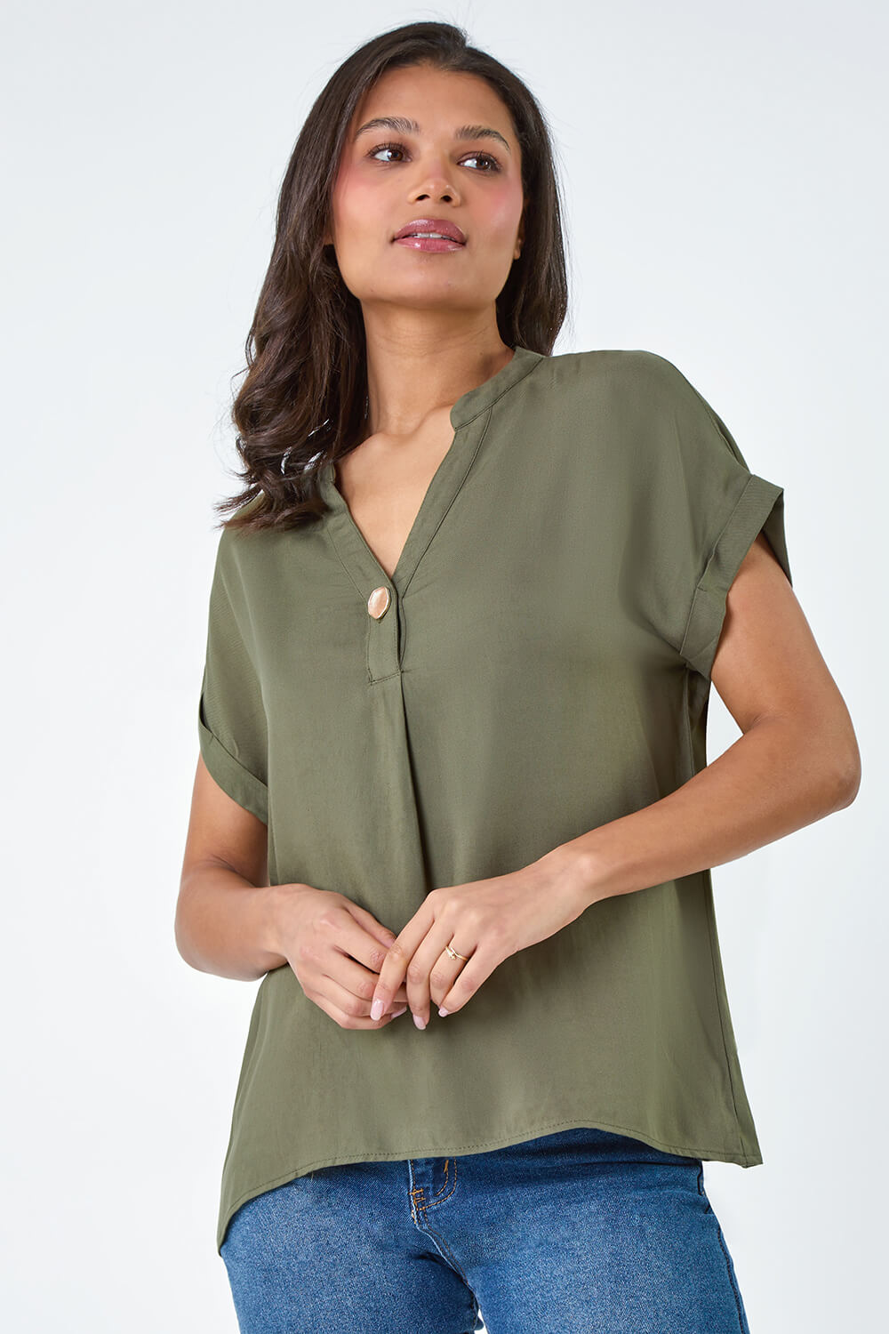 KHAKI Crystal Button Detail Top, Image 4 of 5
