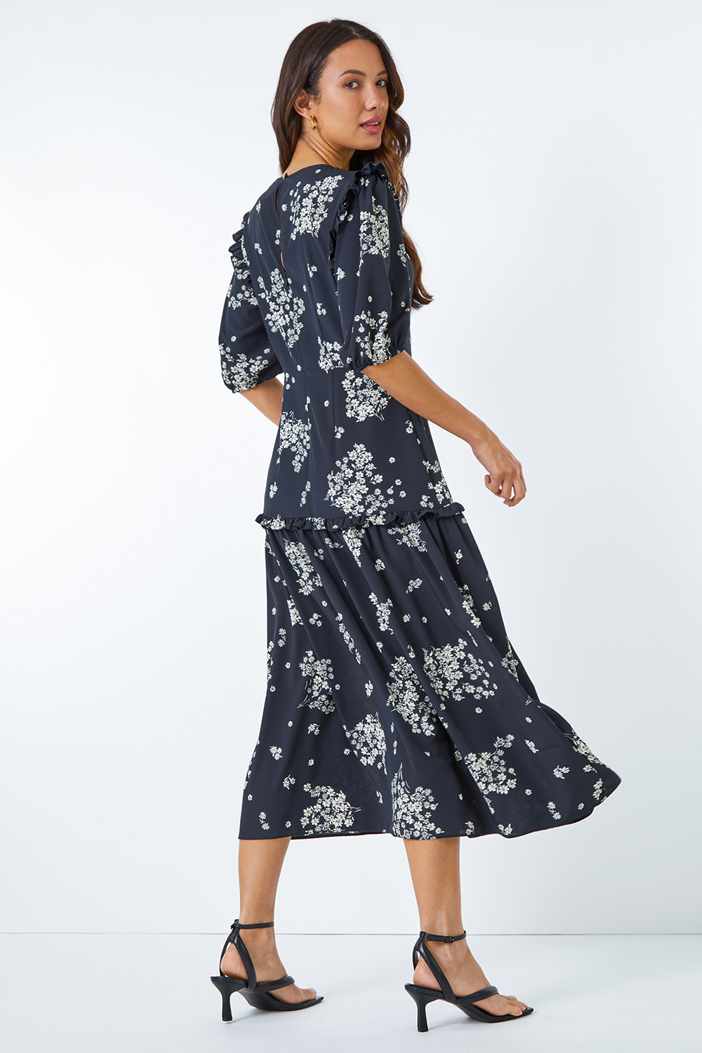 Black Floral Frill Detail Tiered Maxi Dress | Roman UK