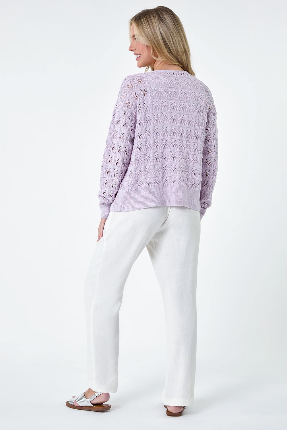 Lilac Petite Shimmer Crochet Knit Cardigan, Image 3 of 5