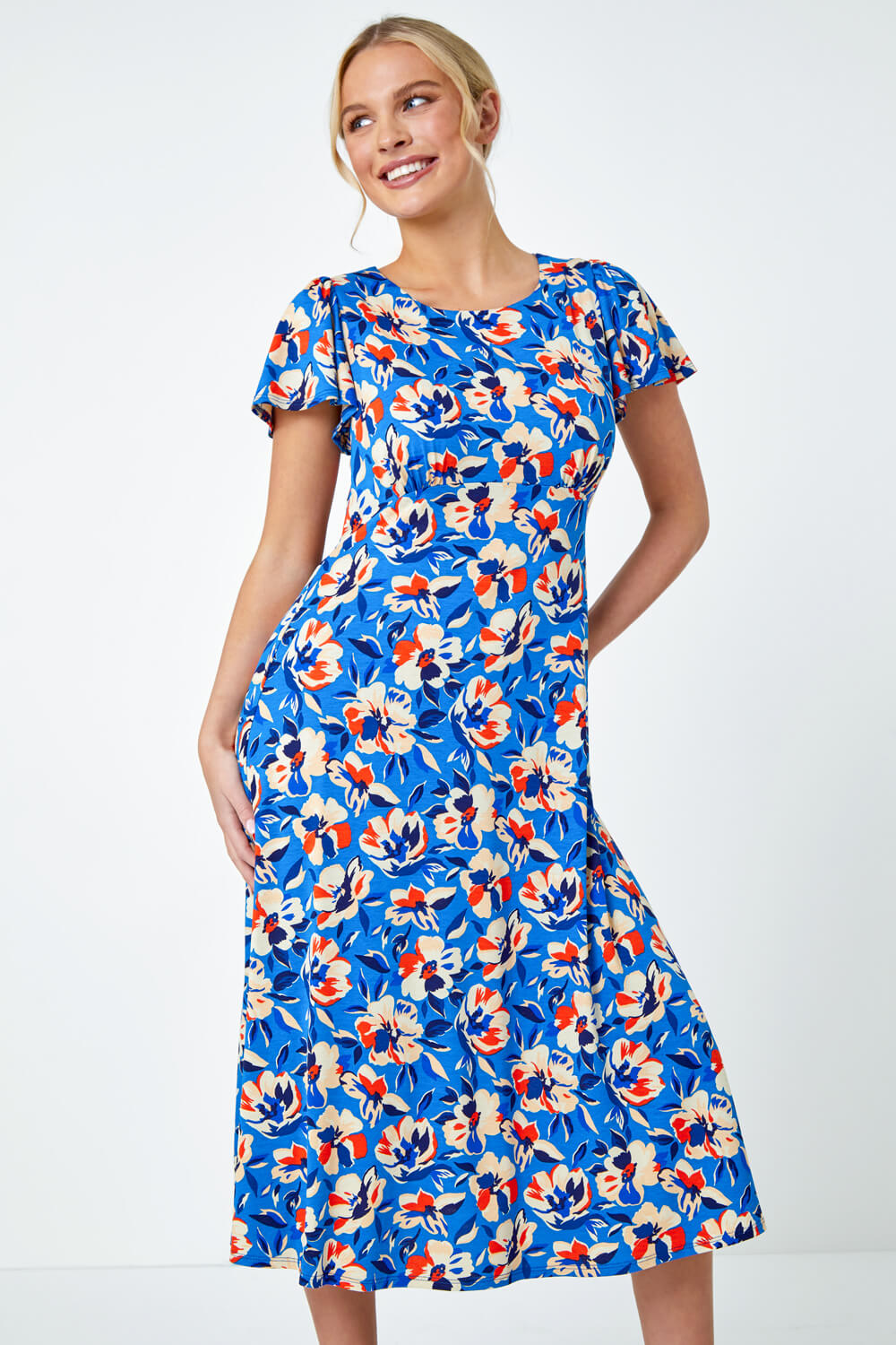 Blue Petite Floral Print Midi Stretch Dress, Image 2 of 5
