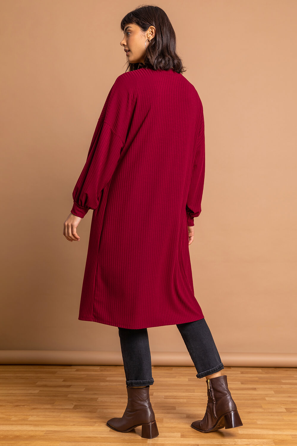 Red Longline Ribbed Texture Cardigan, Image 2 of 4