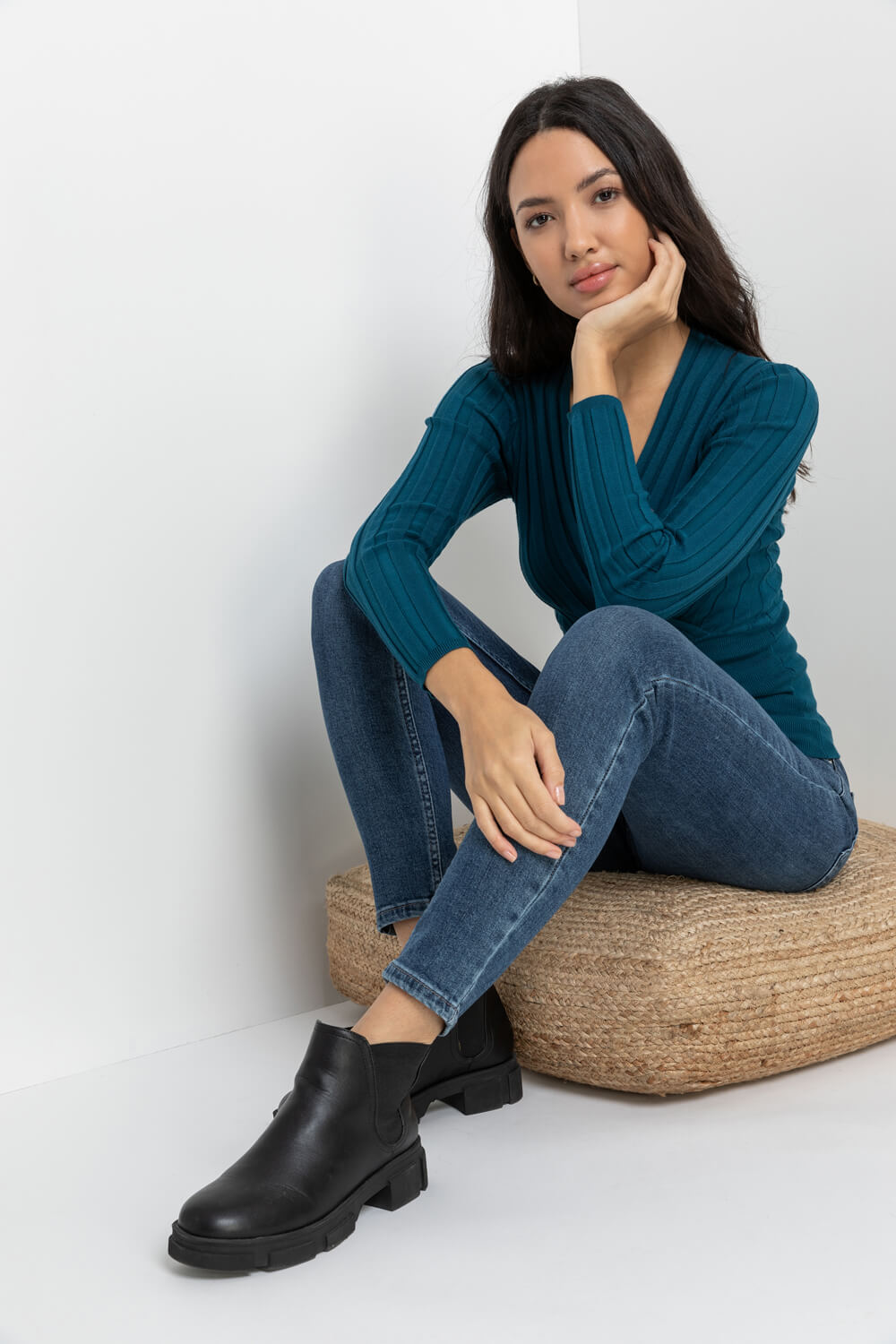 Teal Rib Front Wrap Jumper, Image 5 of 5