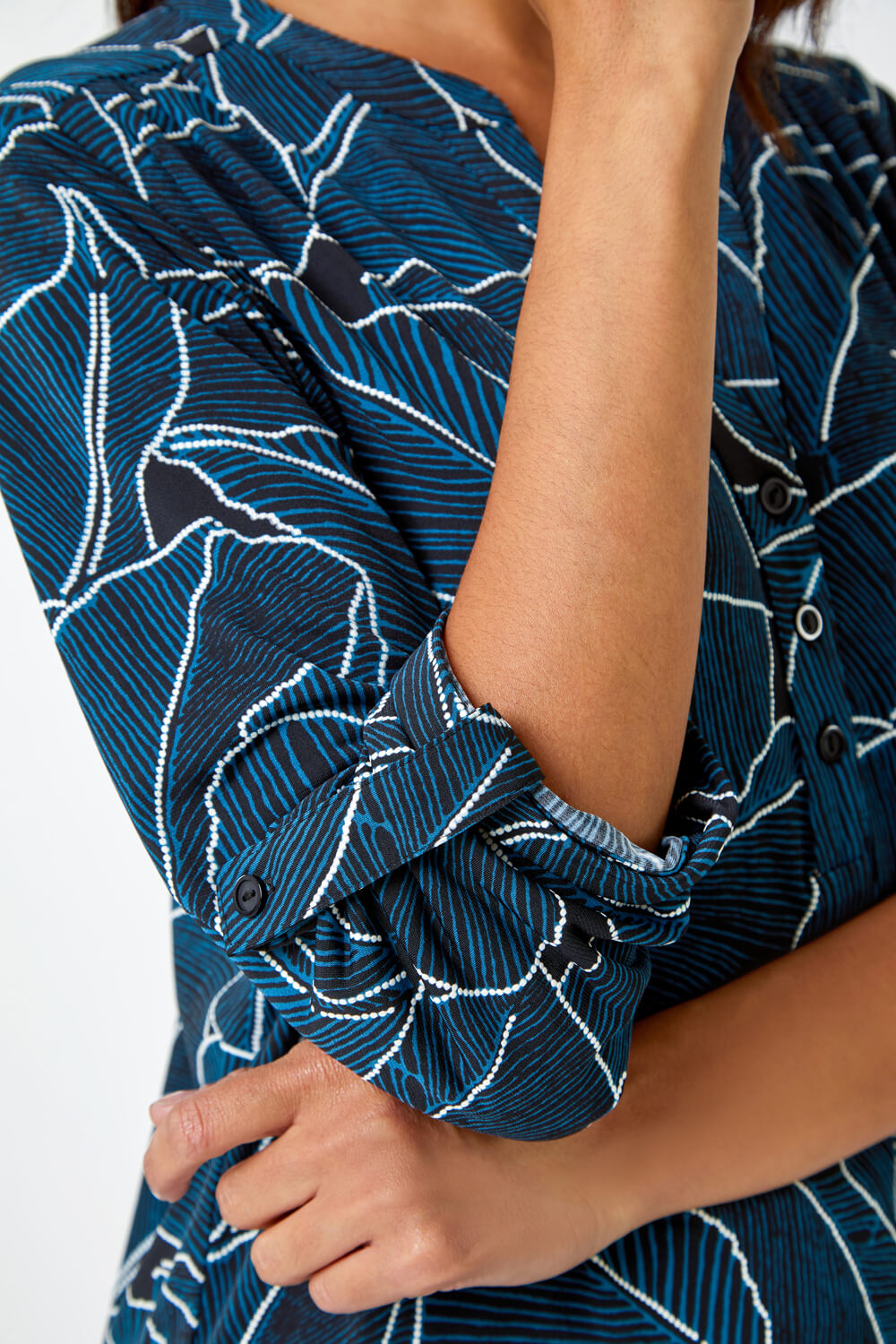 Teal Textured Leaf Print Stretch Shirt, Image 5 of 5