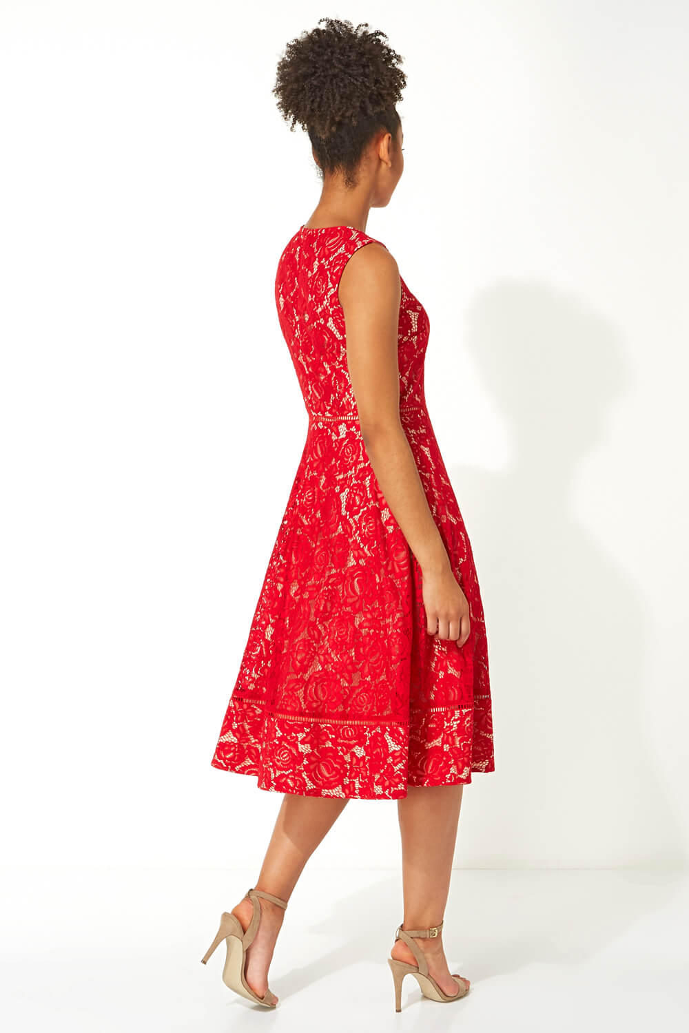 Red Fit And Flare Lace Midi Dress, Image 4 of 5