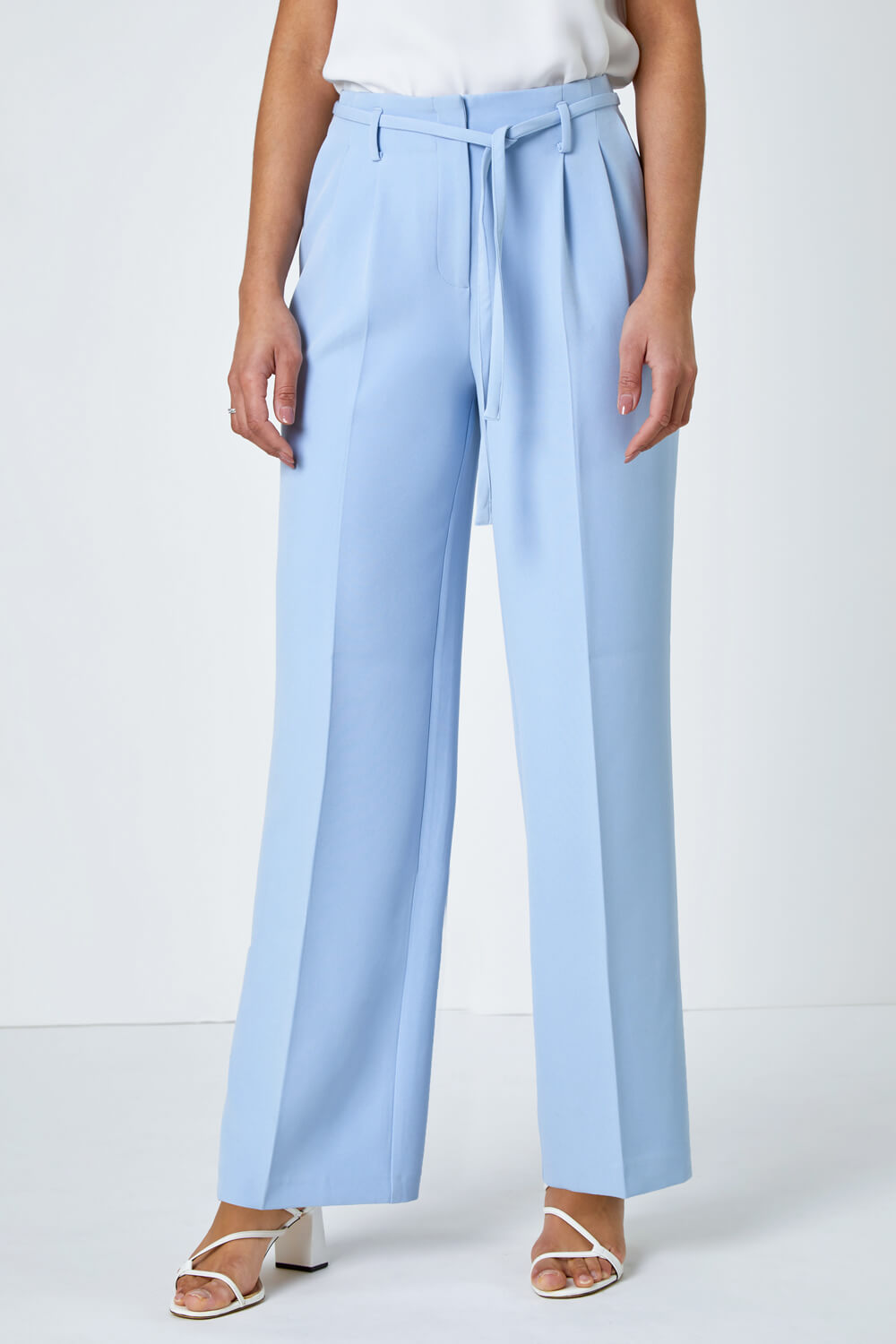 Light Blue  Crepe Stretch Straight Leg Trousers, Image 4 of 7