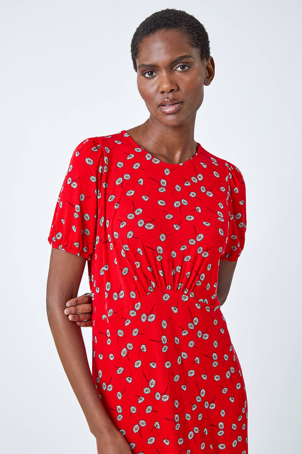 Red Ditsy Floral Print Midi Dress, Image 4 of 5