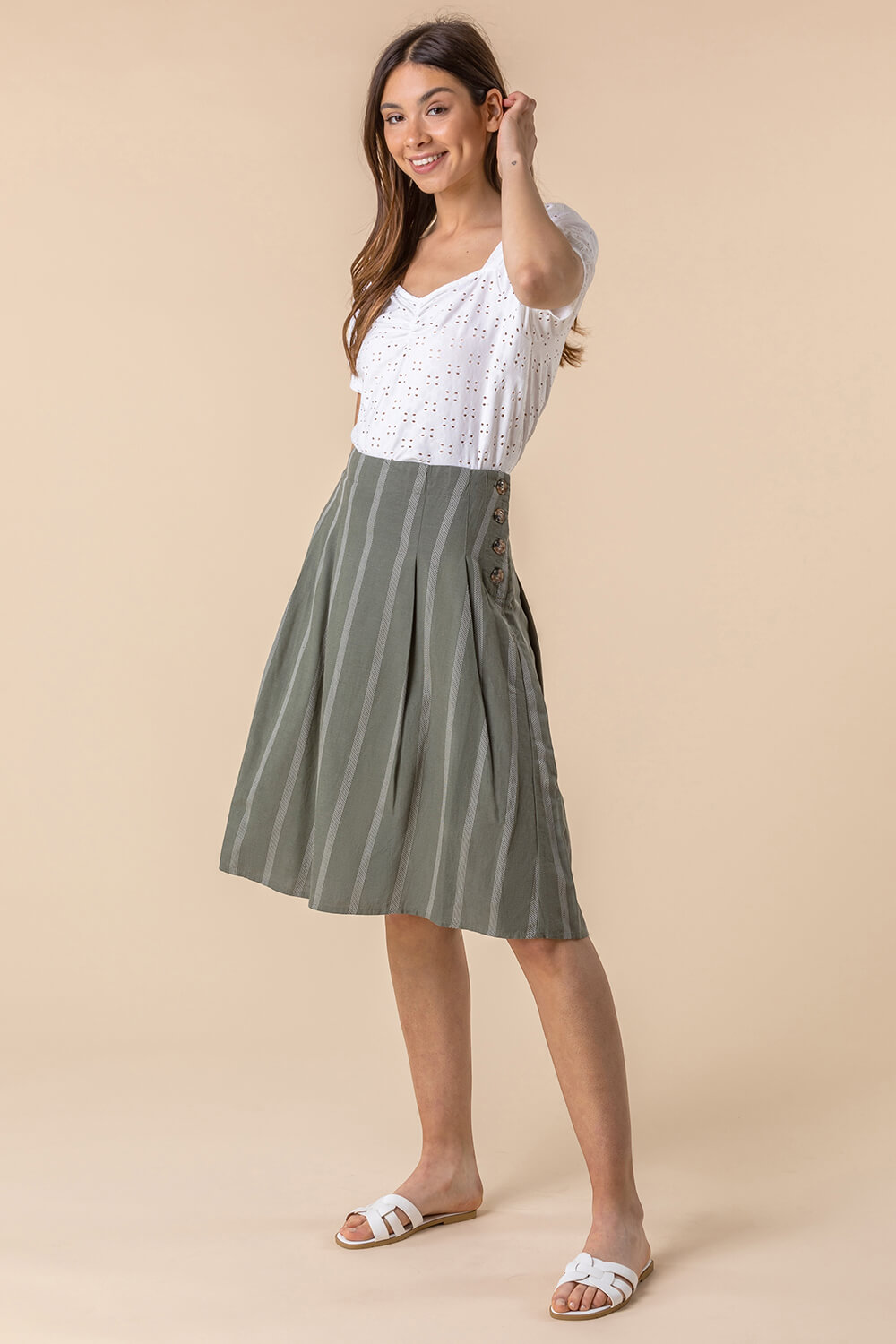 KHAKI Stripe Print Button A-Line Skirt, Image 4 of 4