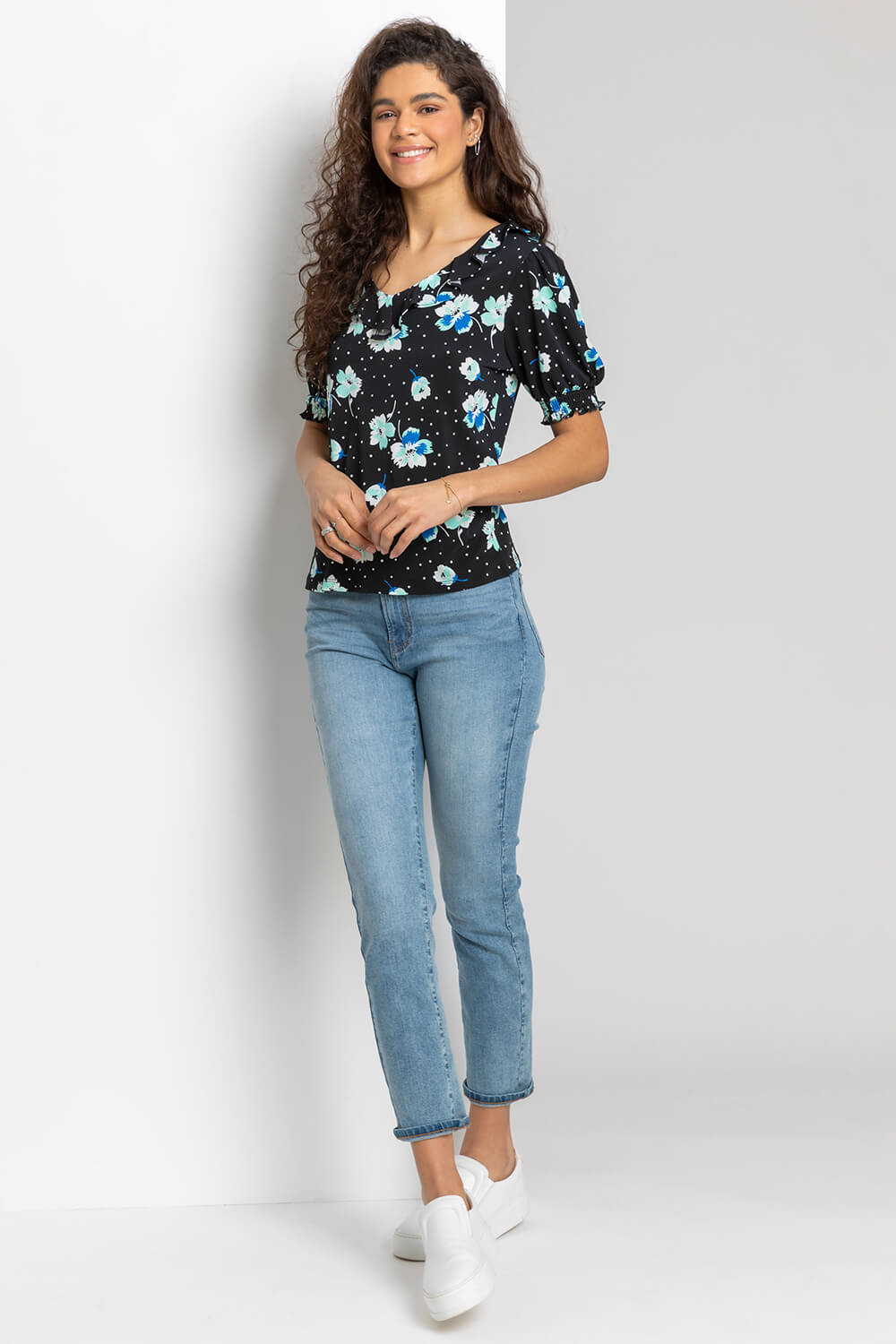 Black Floral Print Frill Neck Top, Image 3 of 4
