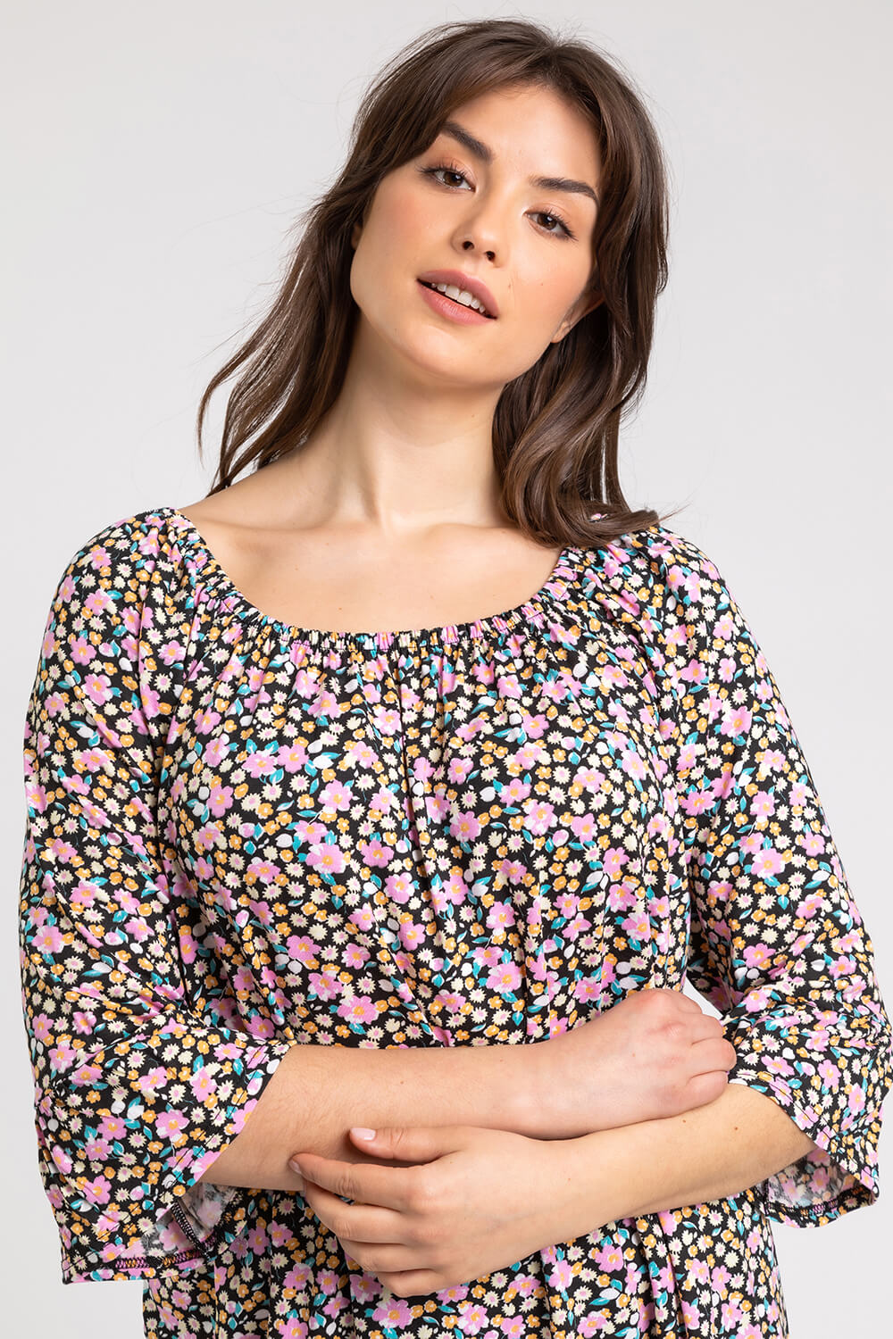 PINK Curve Ditsy Floral Frill Sleeve Top, Image 4 of 5