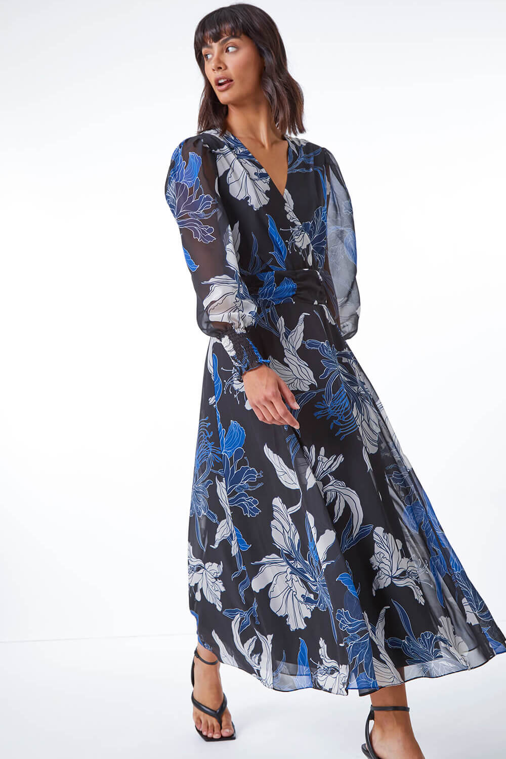 Blue Floral Print Chiffon Wrap Midi Dress , Image 3 of 5